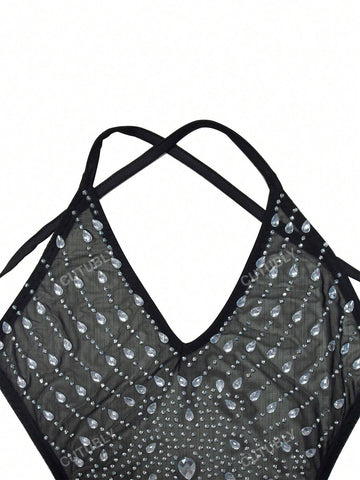 European & American Fashion Women's V-Neck Sleeveless Rhinestone Embellished Dress