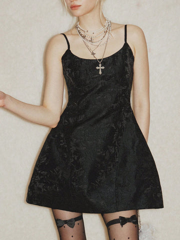 European & American Style Elegant Spaghetti Strap Jacquard Cinched Waist Bow Mini Dress