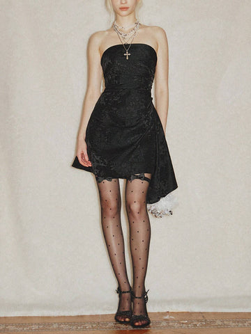 European & American Style Elegant Spaghetti Strap Jacquard Cinched Waist Bow Mini Dress