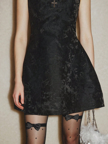European & American Style Elegant Spaghetti Strap Jacquard Cinched Waist Bow Mini Dress