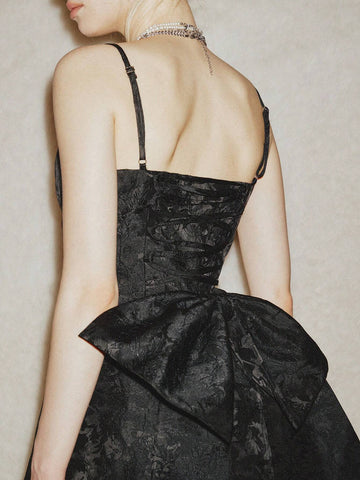 European & American Style Elegant Spaghetti Strap Jacquard Cinched Waist Bow Mini Dress