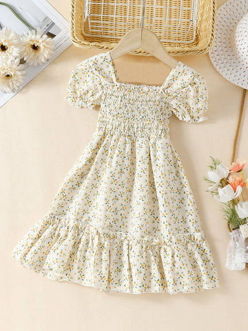 European & American Style Girls' Casual Summer Dress, Ditsy Floral Princess Dress With Short Sleeves, For Outdoor & Holiday