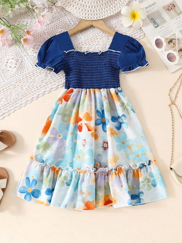 European & American Style Girls Casual Summer Dress, Fashionable Color Block Design
