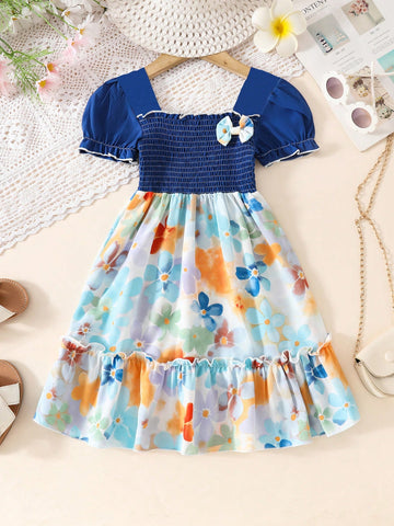 European & American Style Girls Casual Summer Dress, Fashionable Color Block Design
