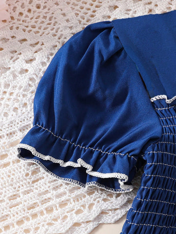European & American Style Girls Casual Summer Dress, Fashionable Color Block Design