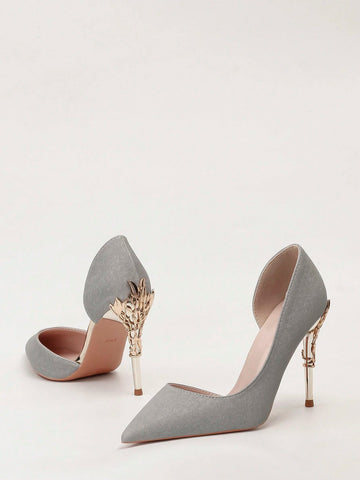 European & American Style Luxurious Sexy Women Shoes, Metallic Flower Decor Pointed Toe Stiletto