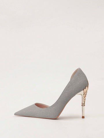 European & American Style Luxurious Sexy Women Shoes, Metallic Flower Decor Pointed Toe Stiletto