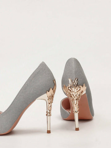 European & American Style Luxurious Sexy Women Shoes, Metallic Flower Decor Pointed Toe Stiletto