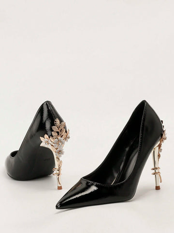 European & American Style Luxury Sexy Women's Shoes, Fashion Metal Floral Thin High Heel Pointed Toe Pumps