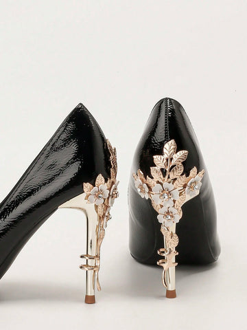 European & American Style Luxury Sexy Women's Shoes, Fashion Metal Floral Thin High Heel Pointed Toe Pumps