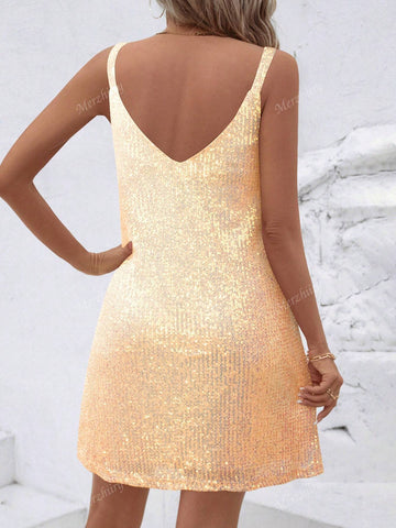 European & American Style New Sleeveless V-Neck Sequin Decorated Dress, For Summer