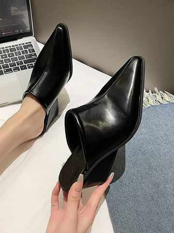 European & American Style Women Soft Leather Square Toe Wedge High Heel Mule Slippers, Slip-On