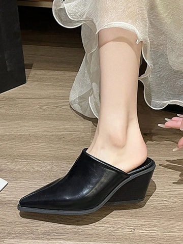 European & American Style Women Soft Leather Square Toe Wedge High Heel Mule Slippers, Slip-On