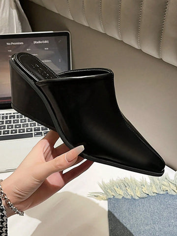 European & American Style Women Soft Leather Square Toe Wedge High Heel Mule Slippers, Slip-On