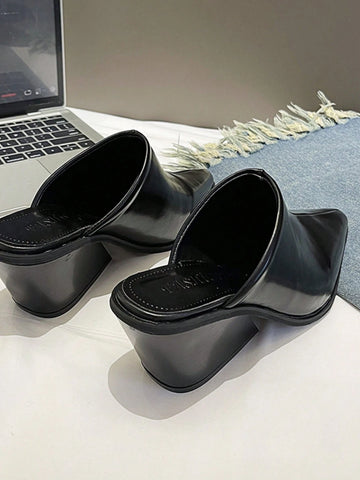 European & American Style Women Soft Leather Square Toe Wedge High Heel Mule Slippers, Slip-On