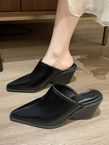 European & American Style Women Soft Leather Square Toe Wedge High Heel Mule Slippers, Slip-On