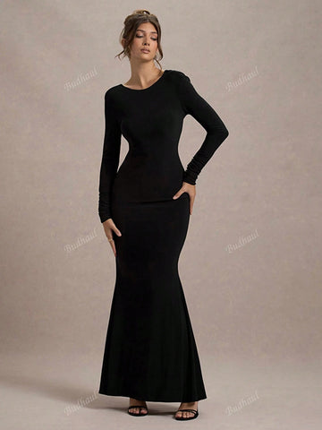 European & American Style Women's Elegant Round Neck Long Sleeve Backless Bow Tie Fitted High Waist Dress, Autumn New Arrival