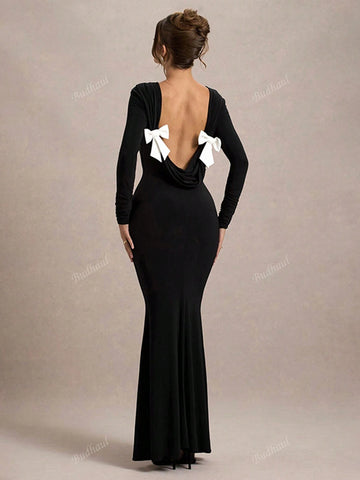 European & American Style Women's Elegant Round Neck Long Sleeve Backless Bow Tie Fitted High Waist Dress, Autumn New Arrival
