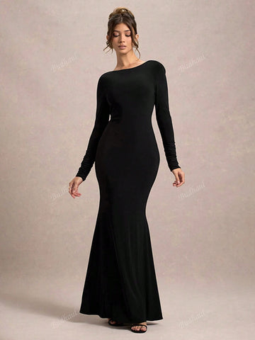 European & American Style Women's Elegant Round Neck Long Sleeve Backless Bow Tie Fitted High Waist Dress, Autumn New Arrival