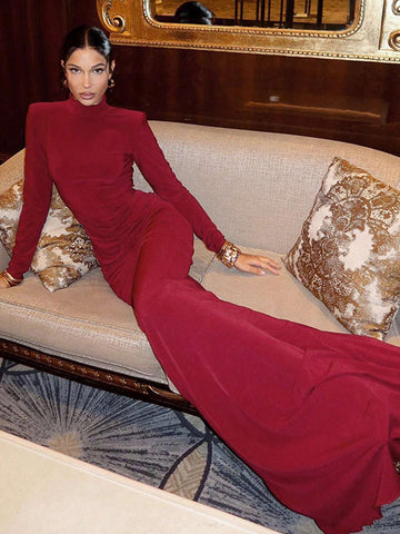 European & American Style Women's High Neck Long Sleeve Padded Shoulder Ruched Mermaid Hem Dress, Party Gown