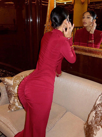 European & American Style Women's High Neck Long Sleeve Padded Shoulder Ruched Mermaid Hem Dress, Party Gown