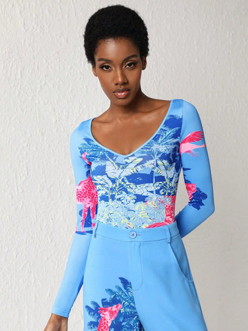 Eva Novielli Pattern Printed V-Neck Long Sleeve Top