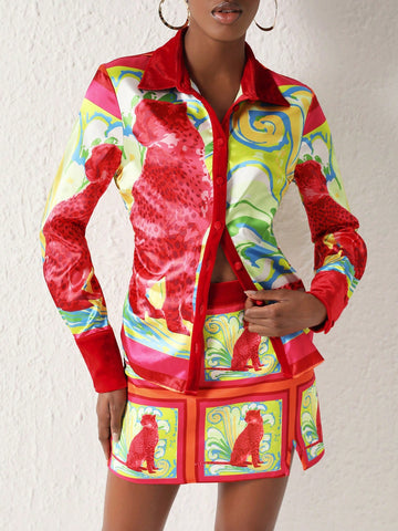 Eva Novielli Women'S Floral Print Long Sleeve Shirt And Skirt Set