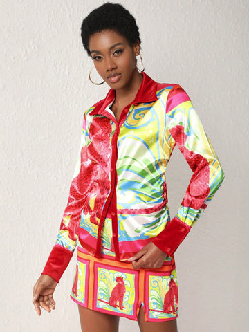 Eva Novielli Women'S Floral Print Long Sleeve Shirt And Skirt Set