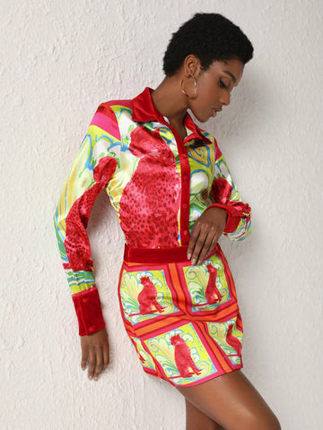 Eva Novielli Women'S Floral Print Long Sleeve Shirt And Skirt Set