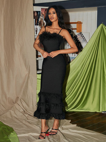 Evolet Feather Tiered Bandage Dress