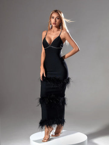 Evolet Rhinestone Feather Bandage Dress