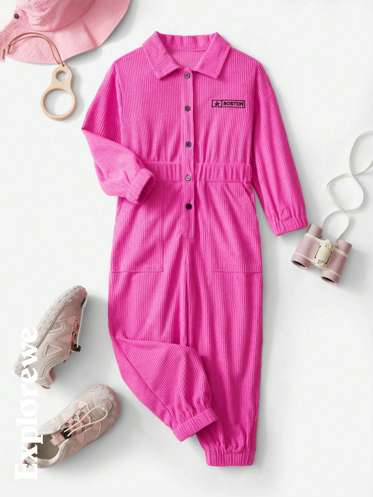 Explorewe 1pc Girl Toddler Urban Casual Style Long Sleeve Corduroy Jumpsuit, Comfortable Romper Suitable For Outdoor, Sports, Casual Daily, Party, School And Other Occasions