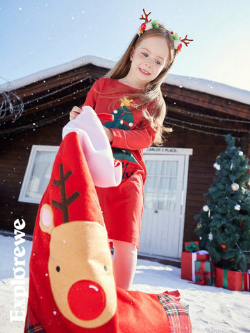 2pcs Kid Girls' Christmas Themed Elastic Long Dress With Slit, Comfortable Soft Fabric, Red Color