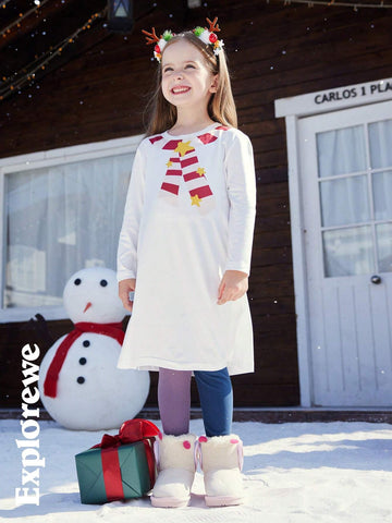 2pcs Kid Girls' Christmas Themed Elastic Long Dress With Slit, Comfortable Soft Fabric, Red Color