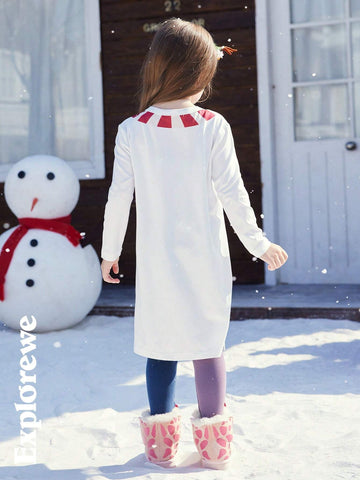 2pcs Kid Girls' Christmas Themed Elastic Long Dress With Slit, Comfortable Soft Fabric, Red Color