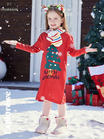 2pcs Kid Girls' Christmas Themed Elastic Long Dress With Slit, Comfortable Soft Fabric, Red Color