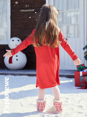 2pcs Kid Girls' Christmas Themed Elastic Long Dress With Slit, Comfortable Soft Fabric, Red Color