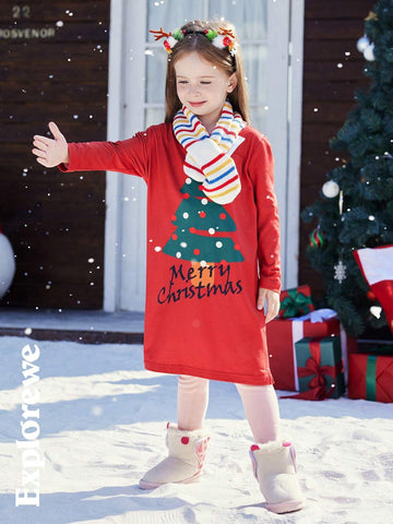 2pcs Kid Girls' Christmas Themed Elastic Long Dress With Slit, Comfortable Soft Fabric, Red Color