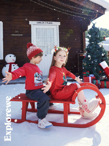 2pcs Kid Girls' Christmas Themed Elastic Long Dress With Slit, Comfortable Soft Fabric, Red Color