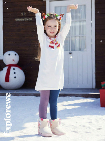 2pcs Kid Girls' Christmas Themed Elastic Long Dress With Slit, Comfortable Soft Fabric, Red Color