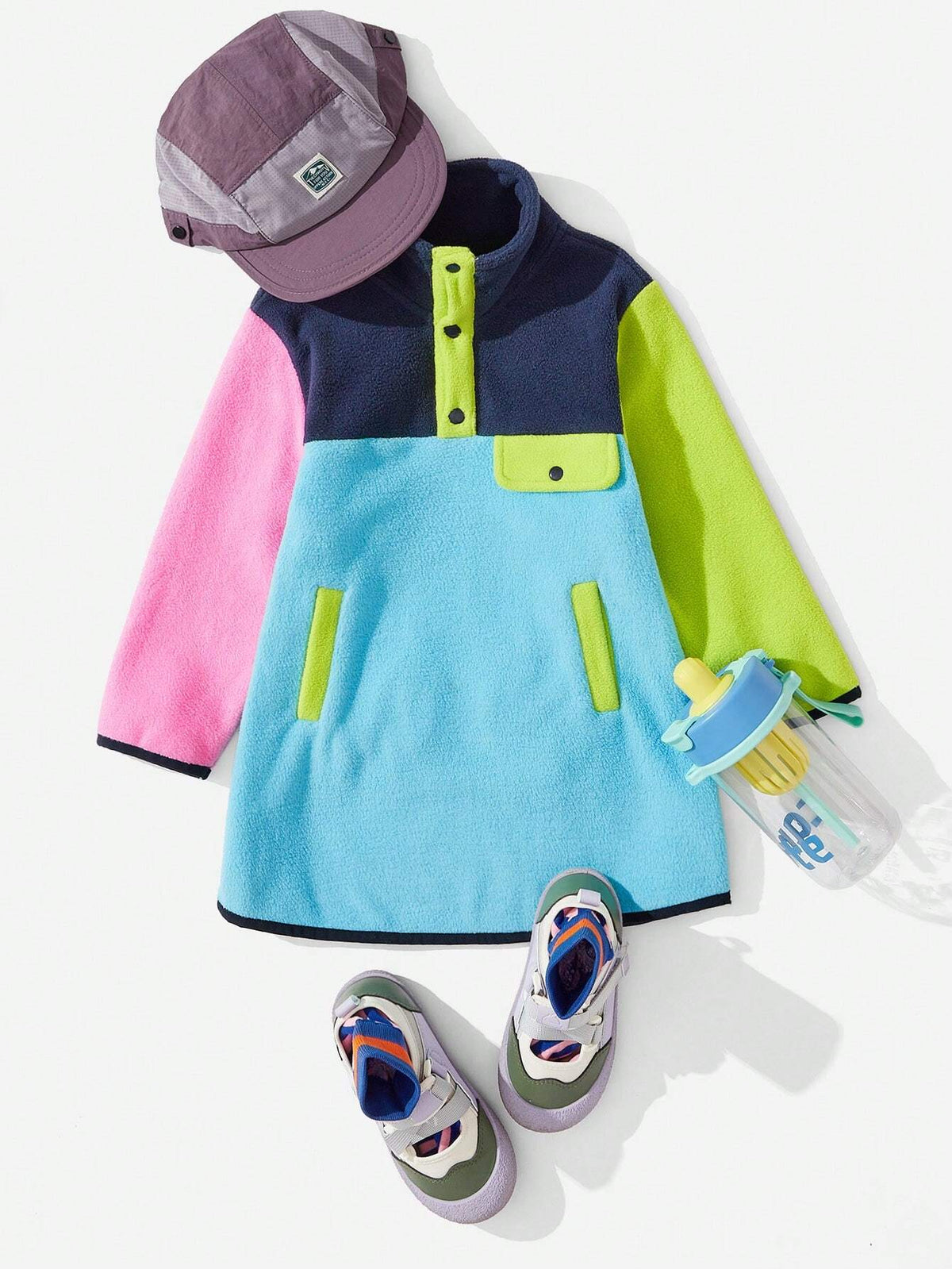 Explorewe Girls Outdoor Casual Fashion Patchwork High Collar Half Zip Long Sleeve Dress