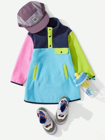 Explorewe Girls Outdoor Casual Fashion Patchwork High Collar Half Zip Long Sleeve Dress