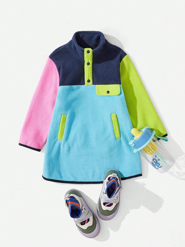 Explorewe Girls Outdoor Casual Fashion Patchwork High Collar Half Zip Long Sleeve Dress
