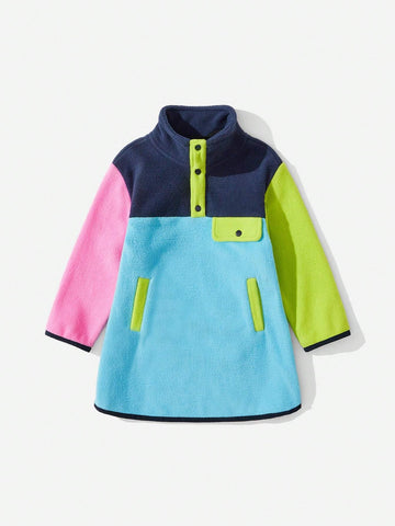 Explorewe Girls Outdoor Casual Fashion Patchwork High Collar Half Zip Long Sleeve Dress