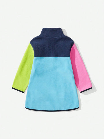 Explorewe Girls Outdoor Casual Fashion Patchwork High Collar Half Zip Long Sleeve Dress