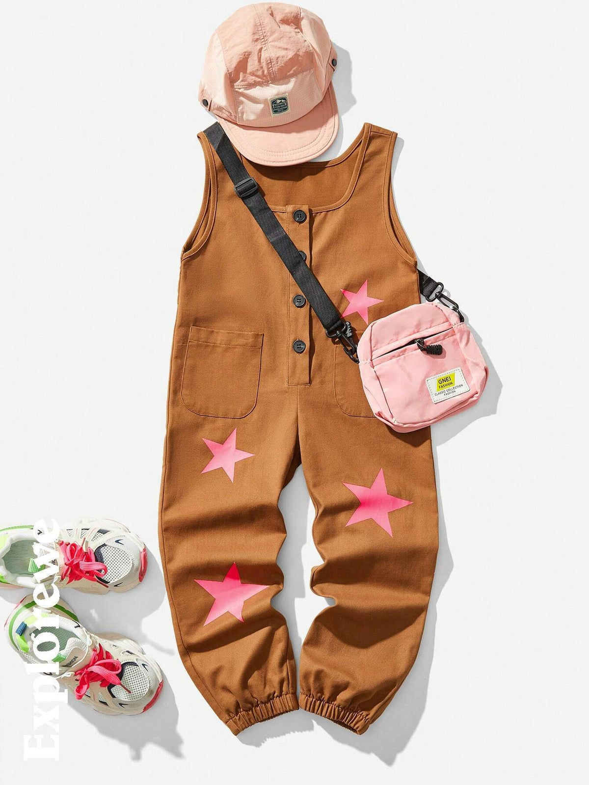 Young Girl Casual Star Graphic Sleeveless Jumpsuit, Fashionable Playsuit Suitable For Home, Play, Festivals And Daily Wear