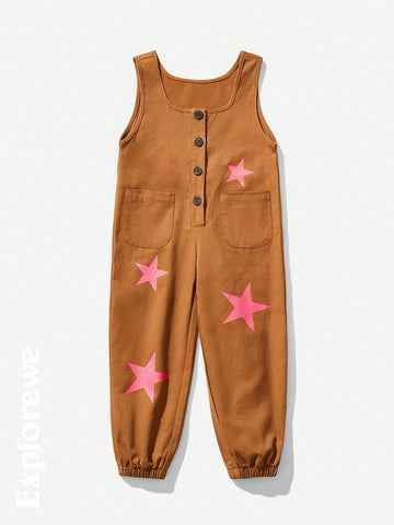 Young Girl Casual Star Graphic Sleeveless Jumpsuit, Fashionable Playsuit Suitable For Home, Play, Festivals And Daily Wear