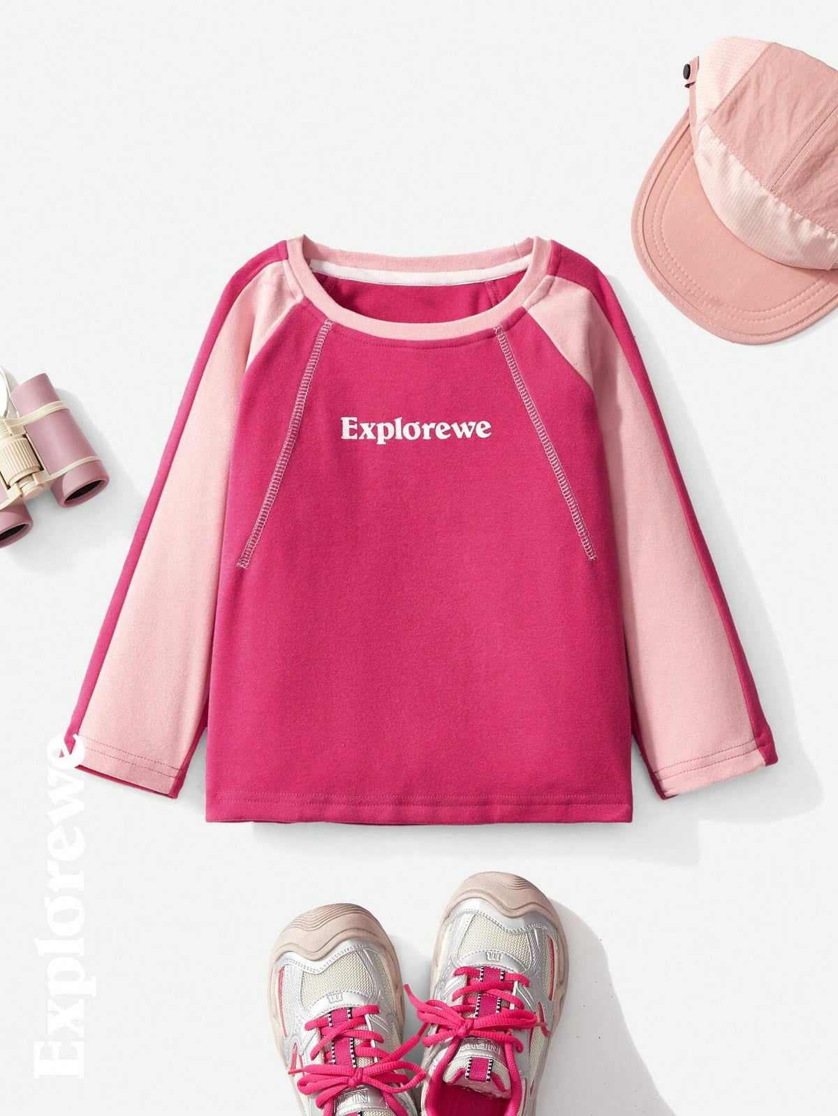 Explorewe Young Girl Colorblock Letter Print Round Neck Raglan Sleeve Casual T-Shirt, Autumn