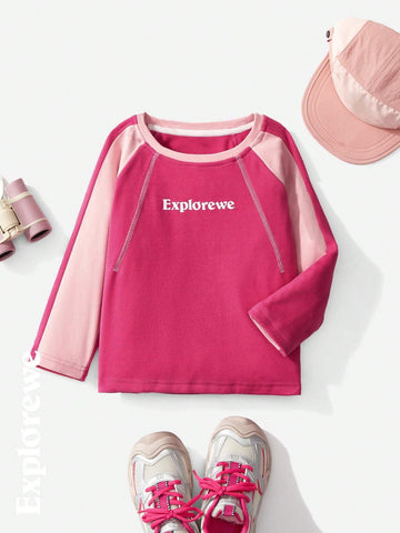 Explorewe Young Girl Colorblock Letter Print Round Neck Raglan Sleeve Casual T-Shirt, Autumn