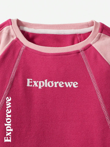 Explorewe Young Girl Colorblock Letter Print Round Neck Raglan Sleeve Casual T-Shirt, Autumn